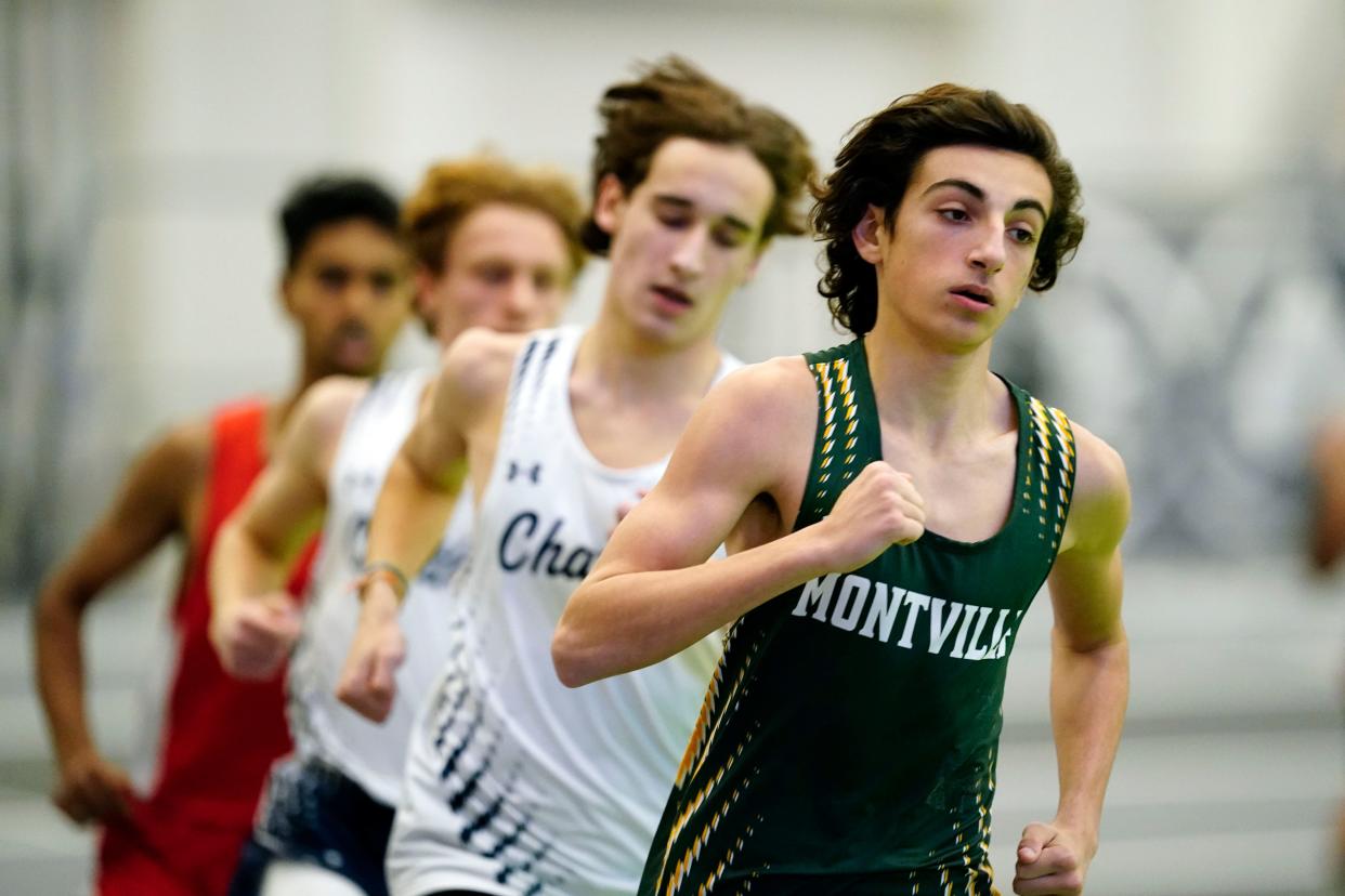 Alex Pelov of Montville competes in the 1600-meter race during the Morris County winter track championships at the Ocean Breeze Athletic Complex in Staten Island on Jan. 30, 2023.