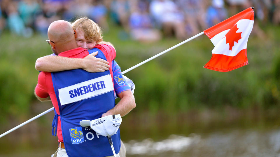 Brandt Snedeker of the United States celebrates winning the Canadian Open at Glen Abbey in Oakville, Ont., on Sunday, July 28, 2013. THE CANADIAN PRESS/Nathan Denette