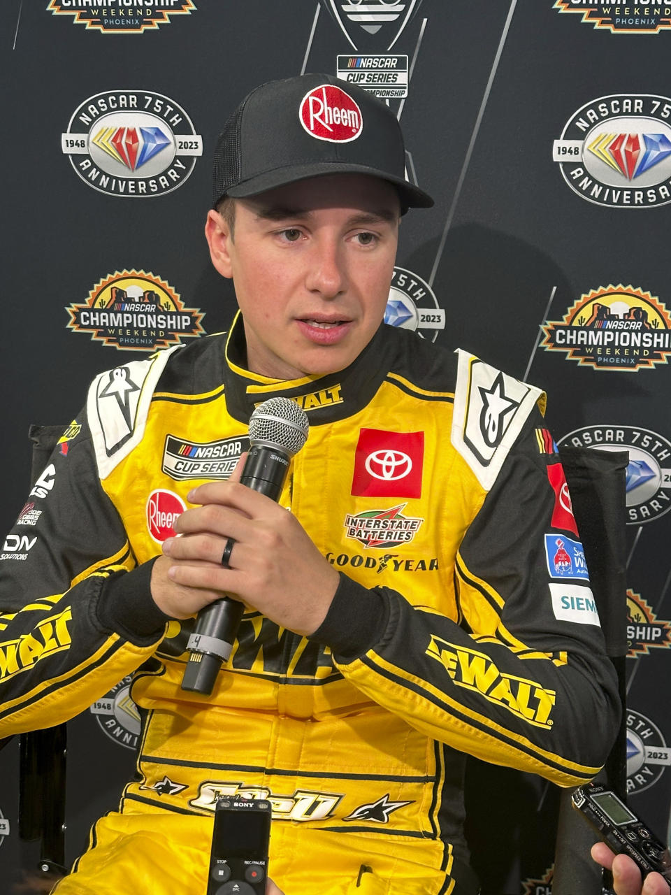 Driver Christopher Bell speaks during a news conference at Phoenix Raceway in Avondale, Ariz., Thursday, Nov. 2, 2023. NASCAR's finishes the season with the winner-take-all finale at Phoenix Raceway Sunday. (AP Photo/John Marshall)