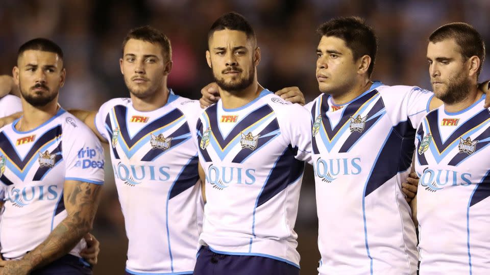 Hayne lines up with Titans teammates. Pic: Getty