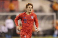 FILE - In this Sept. 6, 2019, file photo, United States forward Josh Sargent runs up the pitch during an international friendly soccer match against Mexico, in East Rutherford, N.J. Sargent hopes to play for the United States in his hometown during Tuesday's exhibition against Uruguay at Busch Stadium. (AP Photo/Steve Luciano, File)