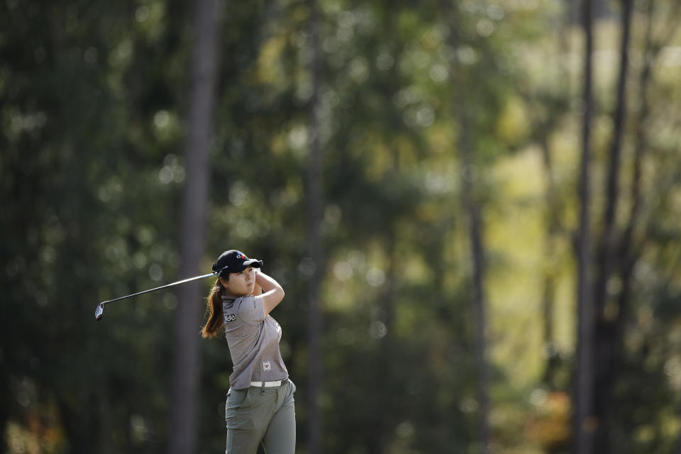 Jung Min Hong of South Korea plays her shot on the ninth hole during the fifth round of LPGA Q-School at Magnolia Grove Golf Course on Dec. 5, 2023 in Mobile, Alabama. (Photo by Alex Slitz/Getty Images)