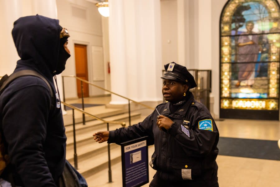 NEW YORK, NEW YORK – APRIL 29: A lone police officer reacts as multiple demonstrators enter into Hamilton Hall where they proceeded to barricade themselves in the academic building which has been occupied in past student movements, on Tuesday, April 30, 2024 in New York City. Pro-Palestinian demonstrators marched around the “Gaza Solidarity Encampment” at Columbia University as a 2 P.M. deadline to clear the encampment given to students by the university passed. The students were given a suspension warning if they do not meet the deadline. Columbia students were the first to erect an encampment in support of Palestine, with students demanding that the school divest from Israel amid the Israel-Hamas war, where more than 34,000 Palestinians have been killed in the Gaza Strip. (Photo by Alex Kent/Getty Images)
