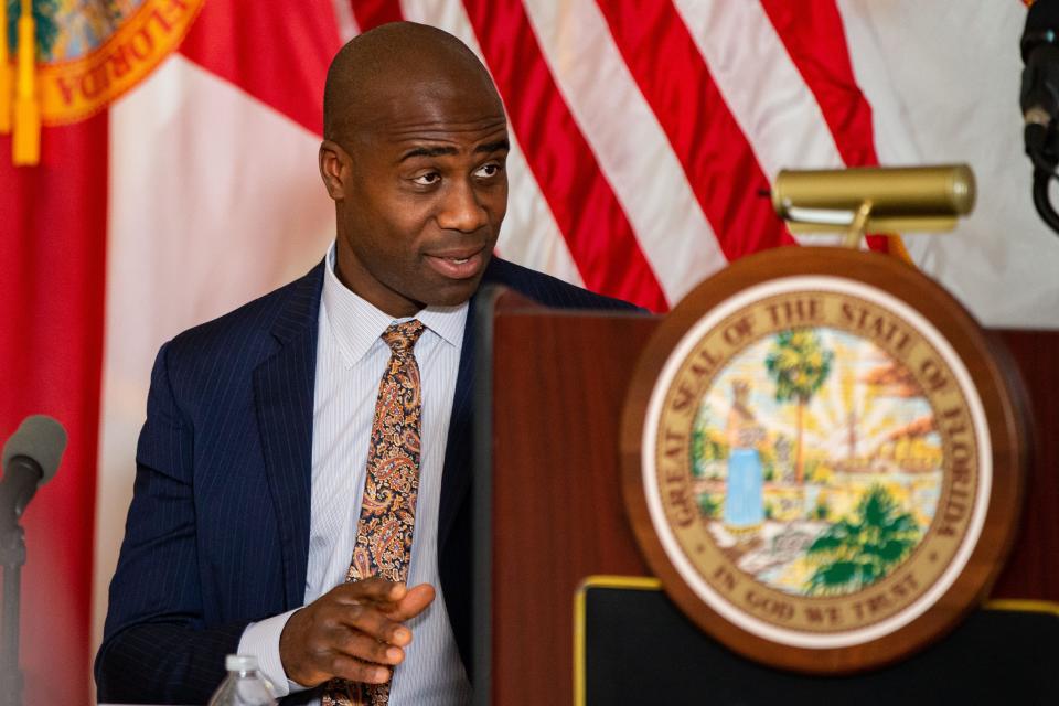 Department of Health Surgeon General Dr. Joseph A. Ladapo leads a discussion with doctors and researchers while talking about the Cancer Connect Collaborative, an initiative spearheaded by Casey DeSantis to improve cancer research and treatment Wednesday, Feb. 14, 2024.