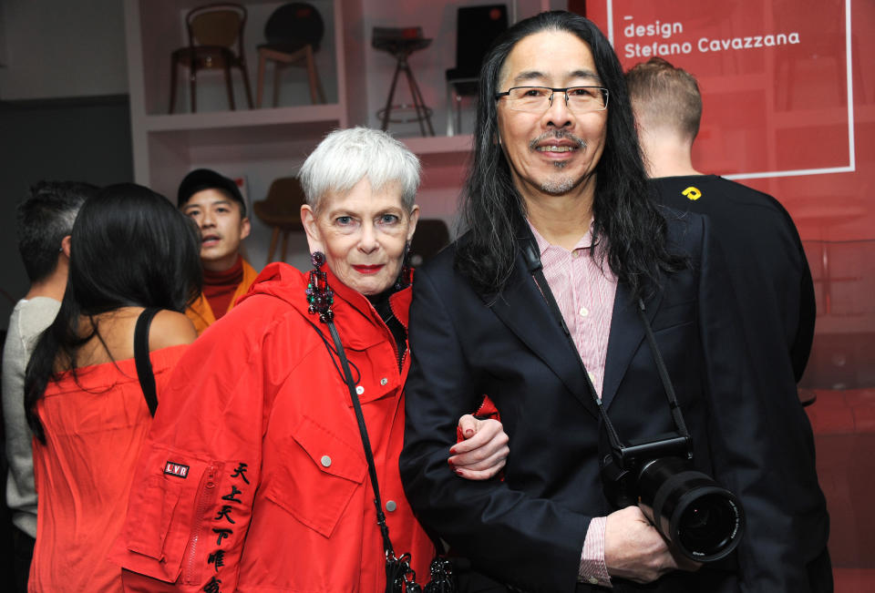 Lyn Slater and Cal Lom attend the 2018 Red & Gold Party at Calligaris SoHo on February 13, 2018 in New York City.