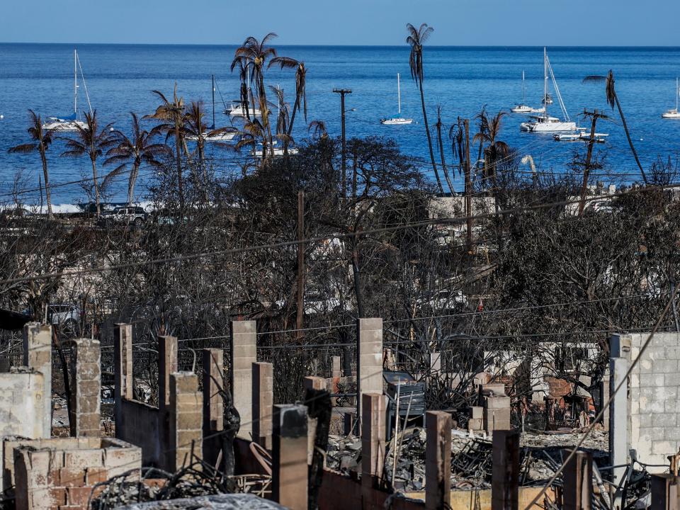 Burned remains of homes and businesss in Lahaina, Maui following devastating wildfires on August 16, 2023.