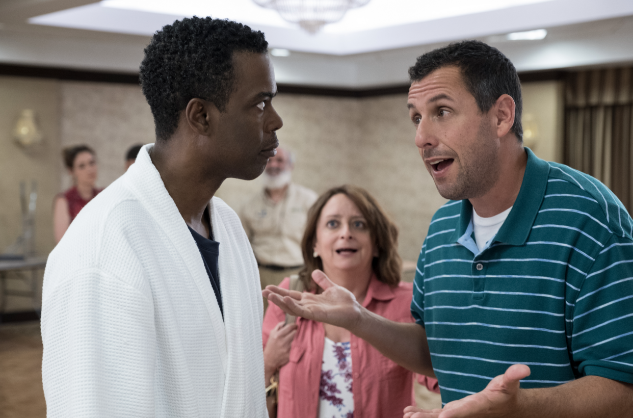 Chris Rock, Rachel Dratch, and Adam Sandler in <em>The Week Of</em>. (Photo: Macall Polay/Netflix)