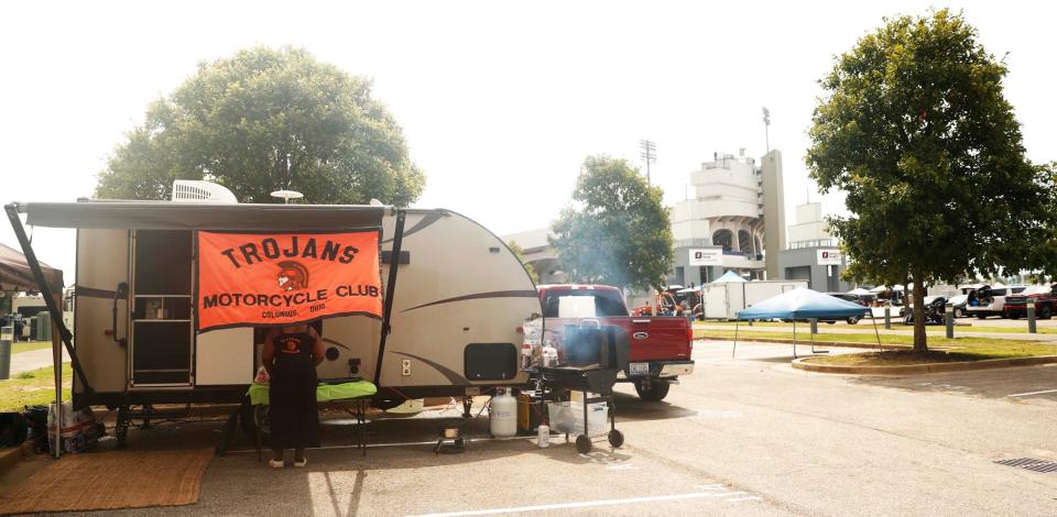 The "Trojans Motorcycle Club" from Ohio is set up in the RV section on Wednesday, Aug. 2, 2023, at the 46th annual National Bikers Roundup at Liberty Park in Memphis. The event, which runs Aug. 1-6, 2023, is expected to bring tens of thousands of people (and motorcycles) to Memphis. The event is being hosted locally by the Memphis Tennessee Roundup Committee.