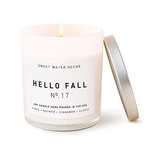 Sweet Water Decor Hello Fall Candle | Cinnamon, Apples, and Clove Autumn Scented Soy Wax Candle for Home | 11oz White Glass Jar, 50 Hour Burn Time, Made in the USA