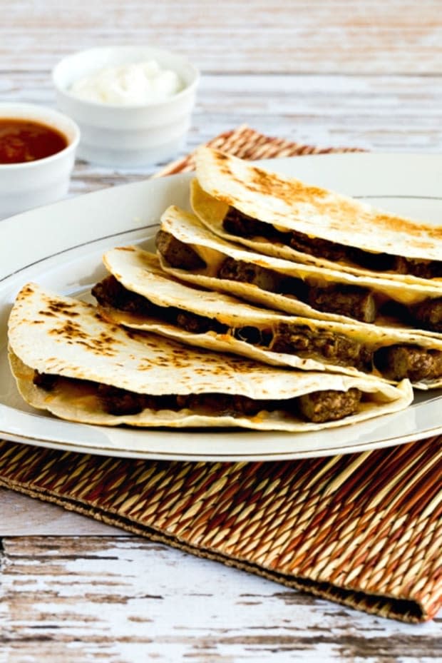 <p>Low-carb sausage and cheese breakfast quesadillas are great for a quick breakfast without eggs, and they’re a treat for people who love breakfast sausage!</p><p><strong>Get the recipe: <a href="https://kalynskitchen.com/sausage-cheese-breakfast-quesadilla/" rel="nofollow noopener" target="_blank" data-ylk="slk:Low-Carb Sausage and Cheese Breakfast Quesadillas;elm:context_link;itc:0;sec:content-canvas" class="link "><em>Low-Carb Sausage and Cheese Breakfast Quesadillas</em></a></strong></p><p>Kalyn's Kitchen</p>