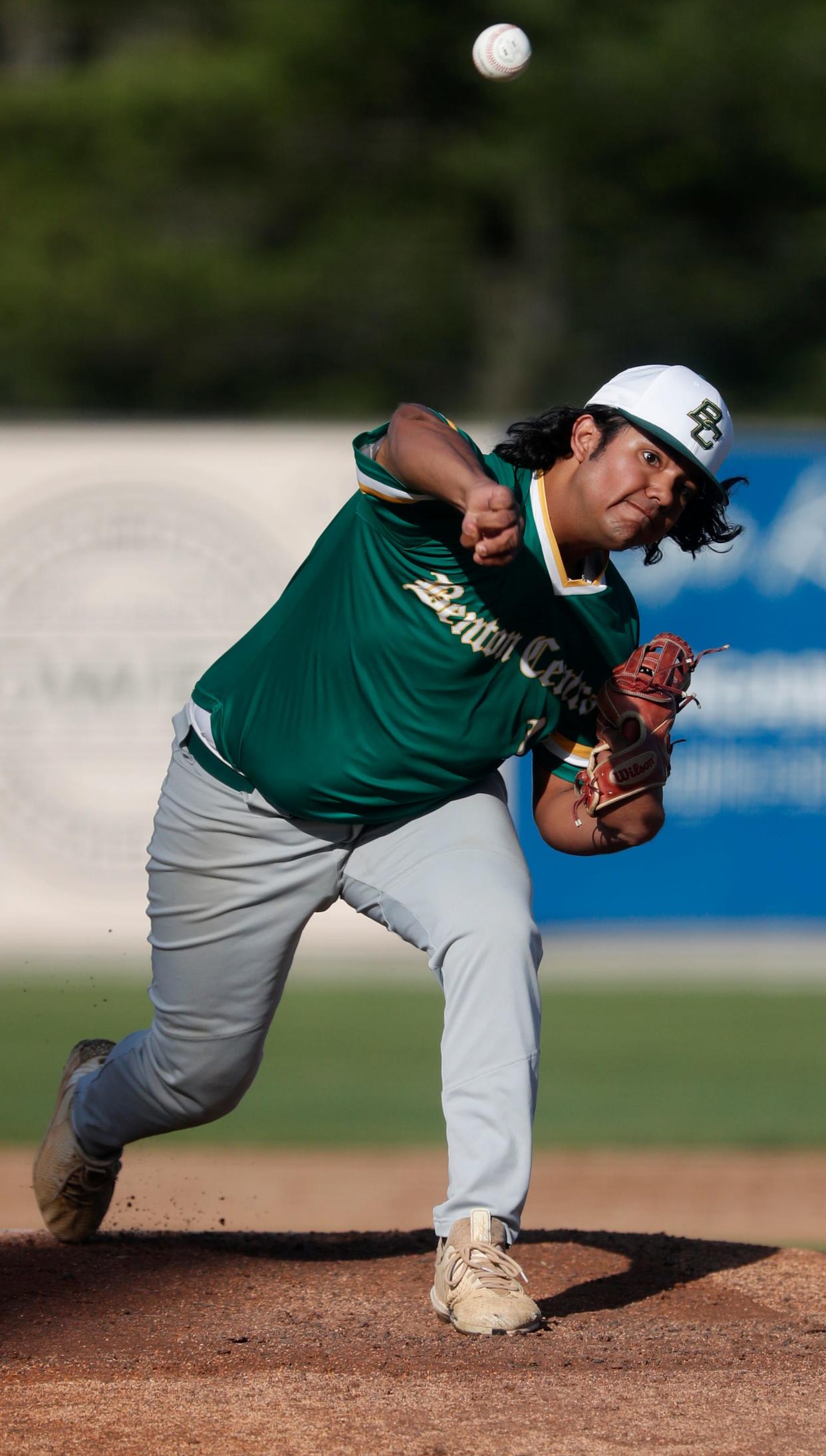 Benton Central Bison Adrian Torres (16) pitches during the IHSAA baseball game against the Central Catholic Knights, Tuesday, April 11, 2023, at Central Catholic High School in Lafayette, Ind. Central Catholic won 8-6.