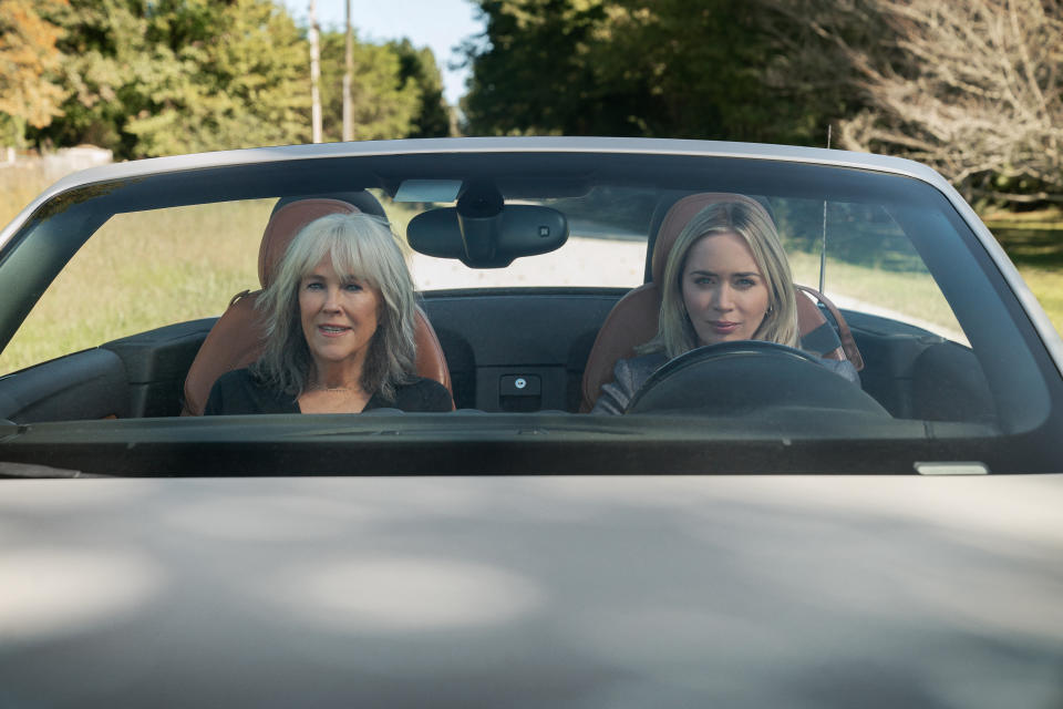 (L to R) Catherine O'Hara as Jackie and Emily Blunt as Liza in Pain Hustlers. (Brian Douglas/Netflix)