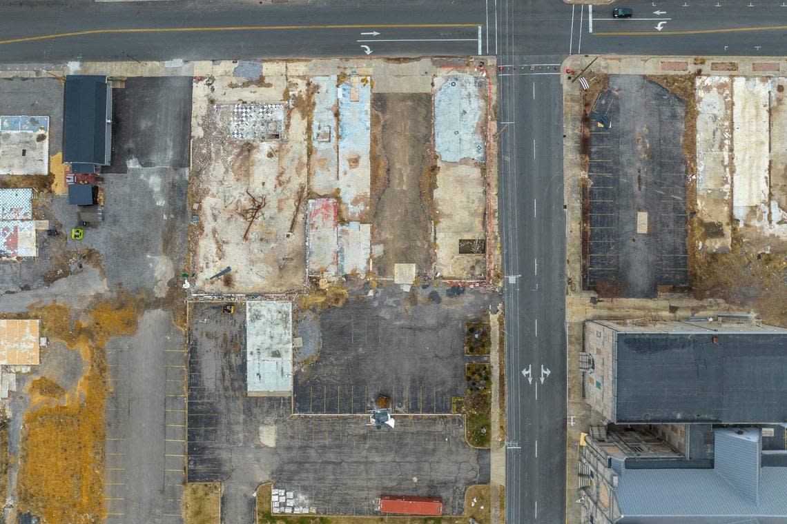 The same location of the image shown above, about a year after the Mayfield tornado, Sunday, Dec. 4, 2022, has debris from destroyed buildings removed.