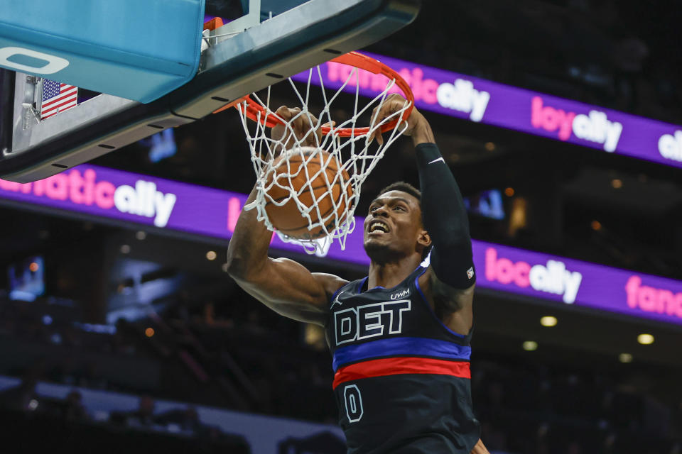 Detroit Pistons center Jalen Duren (0) dunks against the Charlotte Hornets during the first quarter of an NBA basketball game in Charlotte, N.C., Friday, Oct. 27, 2023. (AP Photo/Nell Redmond)