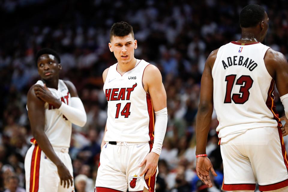 Tyler Herro reacts during Game 1 of the Heat's playoff series against the 76ers.
