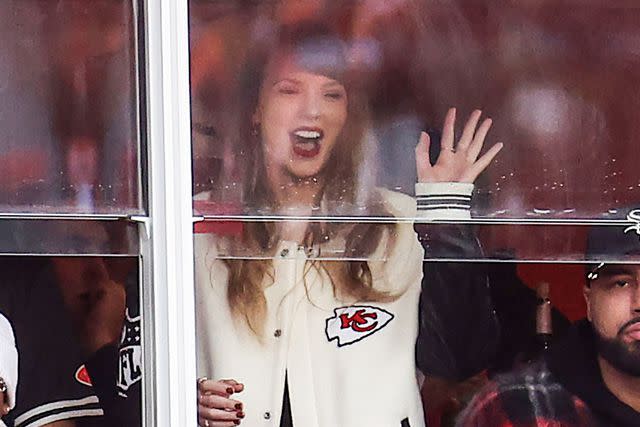 <p>Jamie Squire/Getty</p> Taylor Swift watches the Chiefs-Bengals game on Dec. 31.
