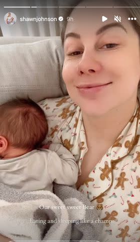 <p>Shawn Johnson East/Instagram</p> Shawn Johnson East poses with her newborn son Bear.