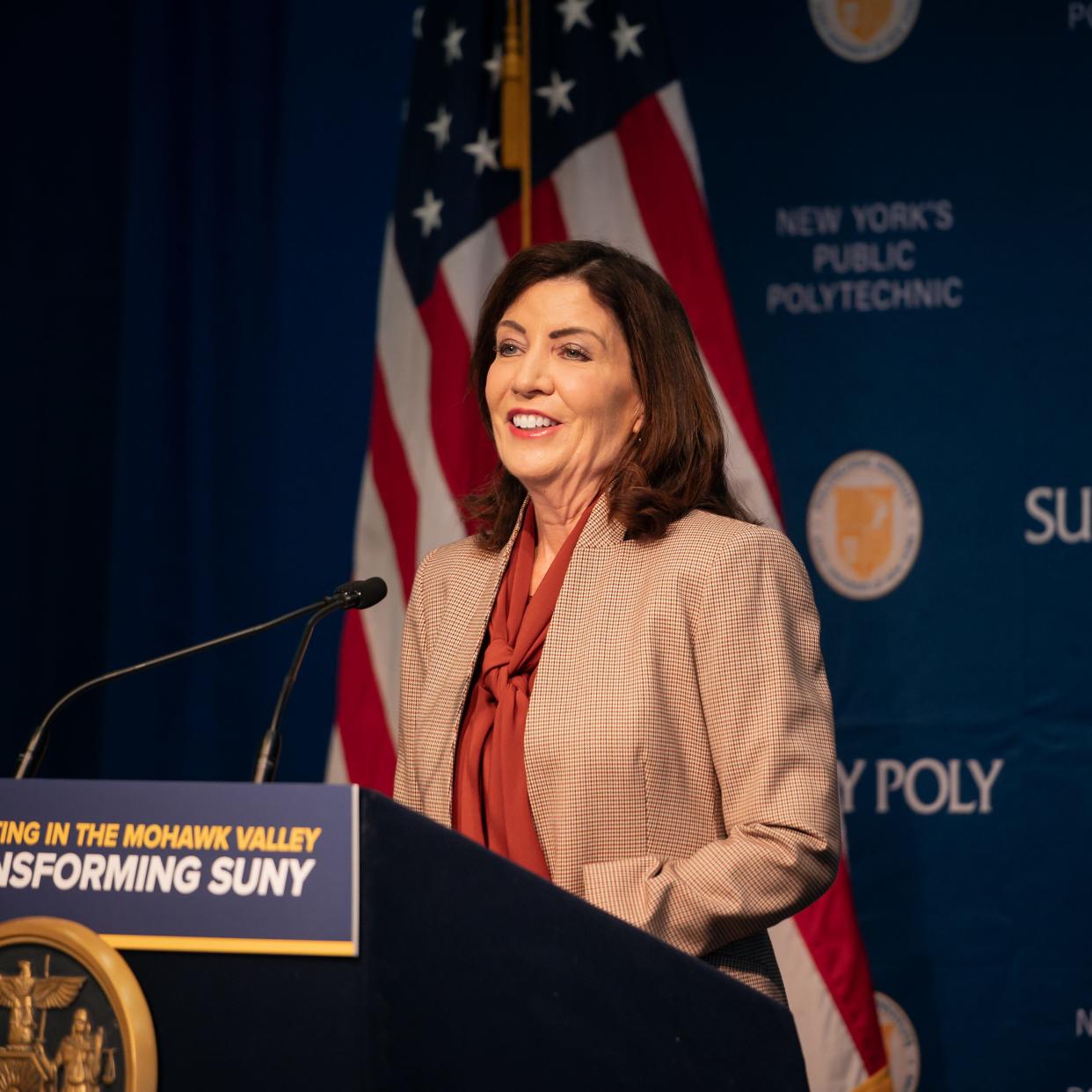 Gov. Kathy Hochul announced the state is investing $44 million in the health and advanced manufacturing programs at SUNY Polytechnic Institute in Marcy on Nov. 17, 2023.