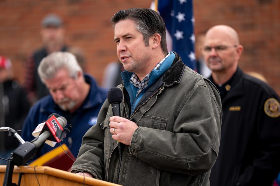 Montgomery County Mayor Wesley Golden speaks during a press conference in Clarksville, Tenn., Sunday, Dec. 10, 2023. Tornadoes struck Middle Tennessee on Saturday, killing at least six people and leaving more than 160,000 Middle Tennessee residents without power.