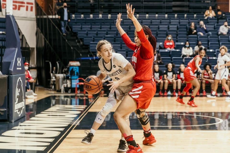 Monmouth's Stella Clark, shown working against a Sacred Heart defender earlier this season, leads the Hawks into Monday night's clash with first-place Fairfield at OceanFirst Bank Center in West Long Branch.