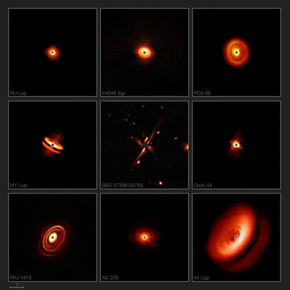 A collection of dusty disks around young stars imaged by the Very Large Telescope's SPHERE instrument. <cite>H. Avenhaus et al./E. Sissa et al./ESO/DARTT-S and SHINE collaborations</cite>