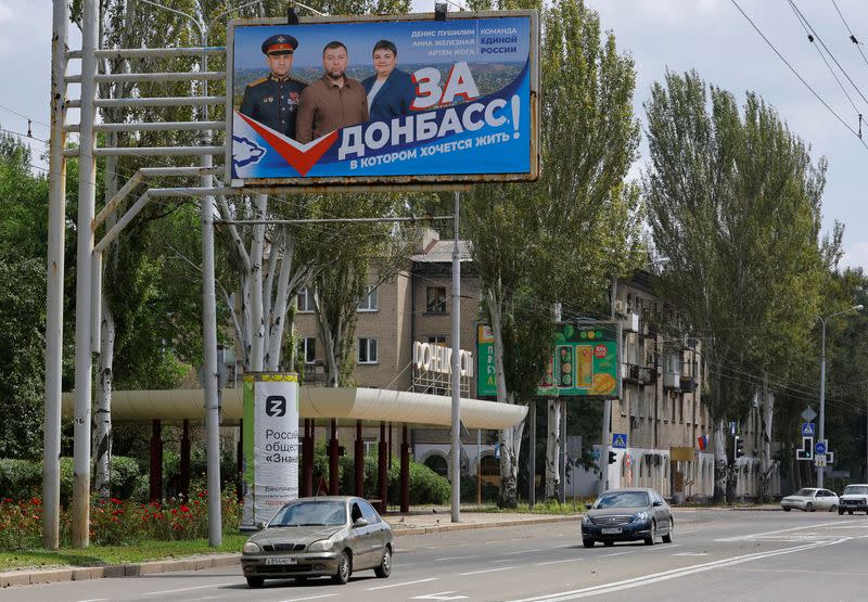 FILE PHOTO: A view shows a banner reading "For Donbas, where you want to live!" installed for the upcoming regional elections in Donetsk