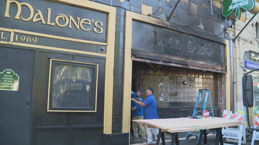 The charred exterior of Molly Malone's Irish Pub is seen after a large fire on June 20, 2024. (KTLA)