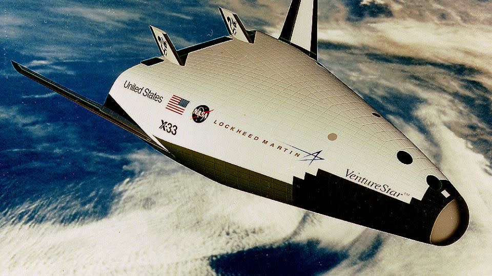 This rendering shows NASA's X-33, an experimental reusable vehicle that was intended to demonstrate the potential of SSTO but was canceled. - NASA