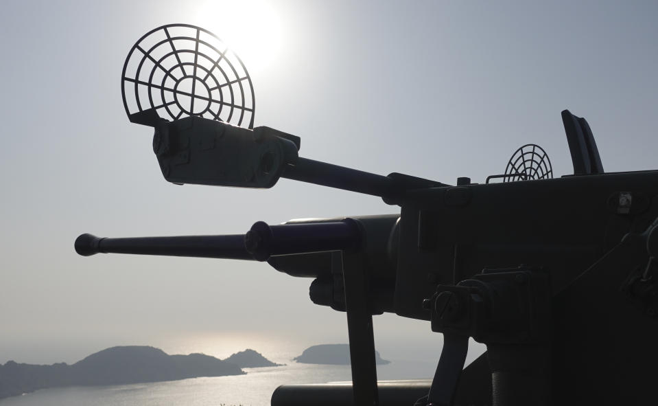 An antiquated 40mm anti-air gun points towards sea at the observation deck on Beigan, part of Matsu Islands, Taiwan on Sunday, March 5, 2023. Just 10km away from mainland China at its closest, Matsu became a fortress and frontline of defense for the Nationalists who had retreated to Taiwan in 1949 after losing to the Communist Party in a civil war. (AP Photo/Johnson Lai)
