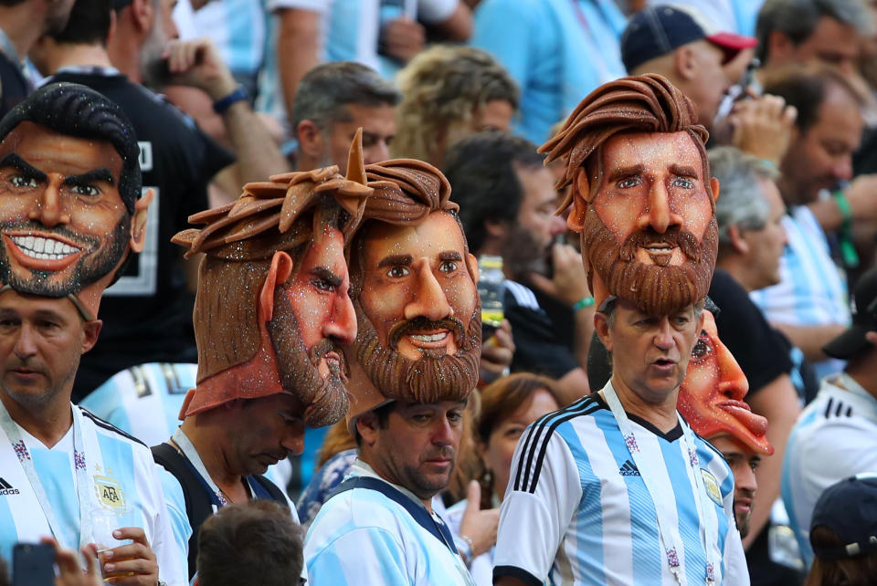 <p>Argentina fans show their support prior to the 2018 FIFA World Cup Russia group D match between Nigeria and Argentina at Saint Petersburg Stadium on June 26, 2018 in Saint Petersburg, Russia. (Photo by Robbie Jay Barratt – AMA/Getty Images) </p>