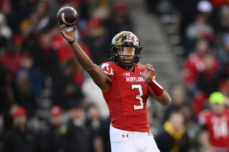 Maryland quarterback Taulia Tagovailoa (3) passes during the first half of an NCAA college football game, Saturday, Nov. 19, 2022, in College Park, Md. (AP Photo/Nick Wass)