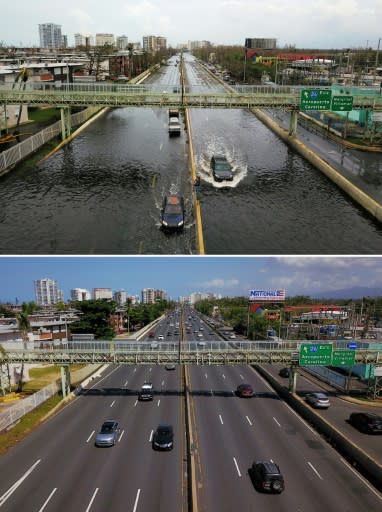 A flooded highway in San Juan, Puerto Rico on September 21, 2017, in the immediate aftermath of Hurrican Maria (above), and six months after the passing of the storm (below), which reseachers now blame for the deaths of 4,600 people -- more than 70 times higher than the official toll given by the US government