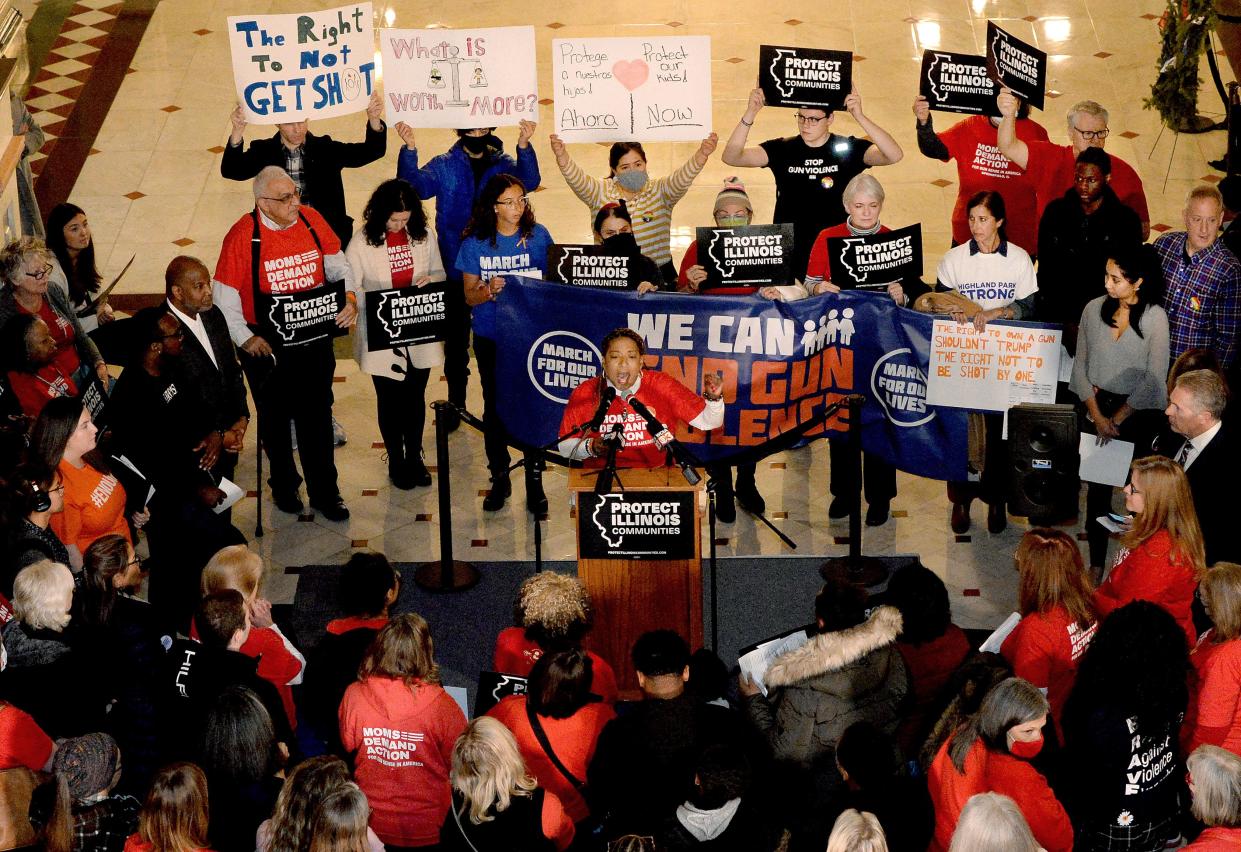 Mary Dieudonne-Hill of Homewood, who lost her daughter to gun violence, speaks during a rally held by gun safety advocates in rotunda of the state Capitol Thursday Jan. 5, 2023.