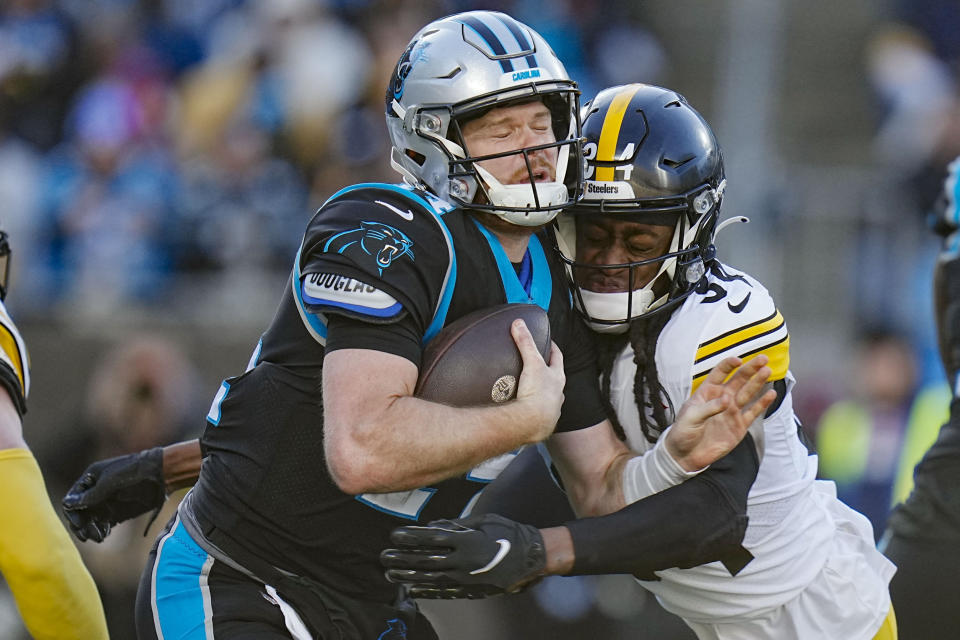 Pittsburgh Steelers safety Terrell Edmunds sacked Carolina Panthers quarterback Sam Darnold during the second half of an NFL football game between the Carolina Panthers and the Pittsburgh Steelers on Sunday, Dec. 18, 2022, in Charlotte, N.C. (AP Photo/Rusty Jones)