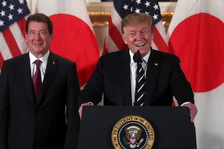 U.S. President Donald Trump attends a Japanese business leaders event with U.S. Ambassador to Japan William Hagerty in Tokyo, Japan May 25, 2019. REUTERS/Jonathan Ernst