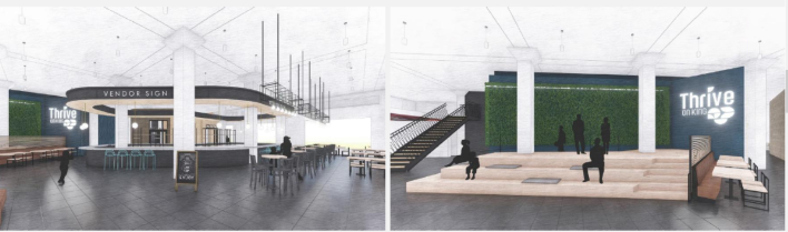 ThriveOn King's community space will include a food hall (left) and a raised stage (right).