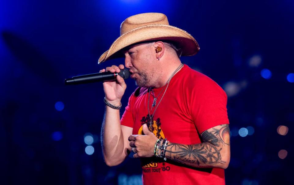 Jason Aldean performs at Raleigh, N.C.’s Coastal Credit Union Music Park at Walnut Creek, Friday night, Aug. 11, 2023.