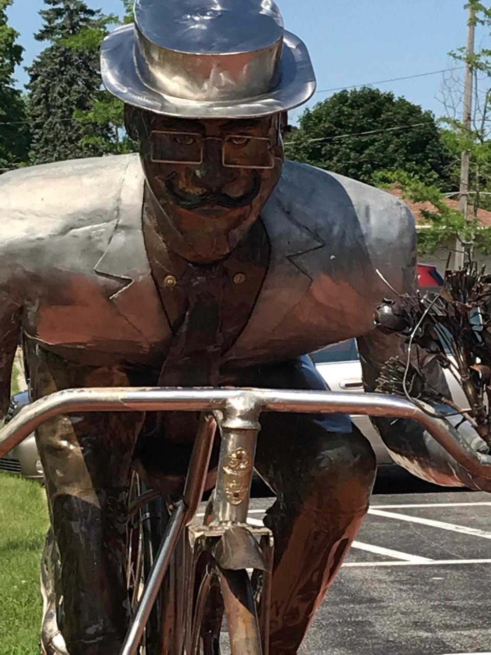 The 'Biker' sculpture outside Manitowoc's Rahr-West Art Museum.