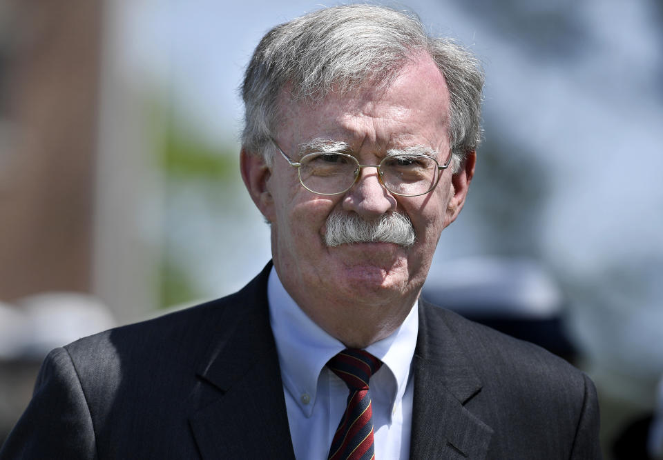 National Security Adviser John Bolton arrives to speak at the commencement for the United States Coast Guard Academy in New London, Conn., Wednesday, May 22, 2019. (AP Photo/Jessica Hill)