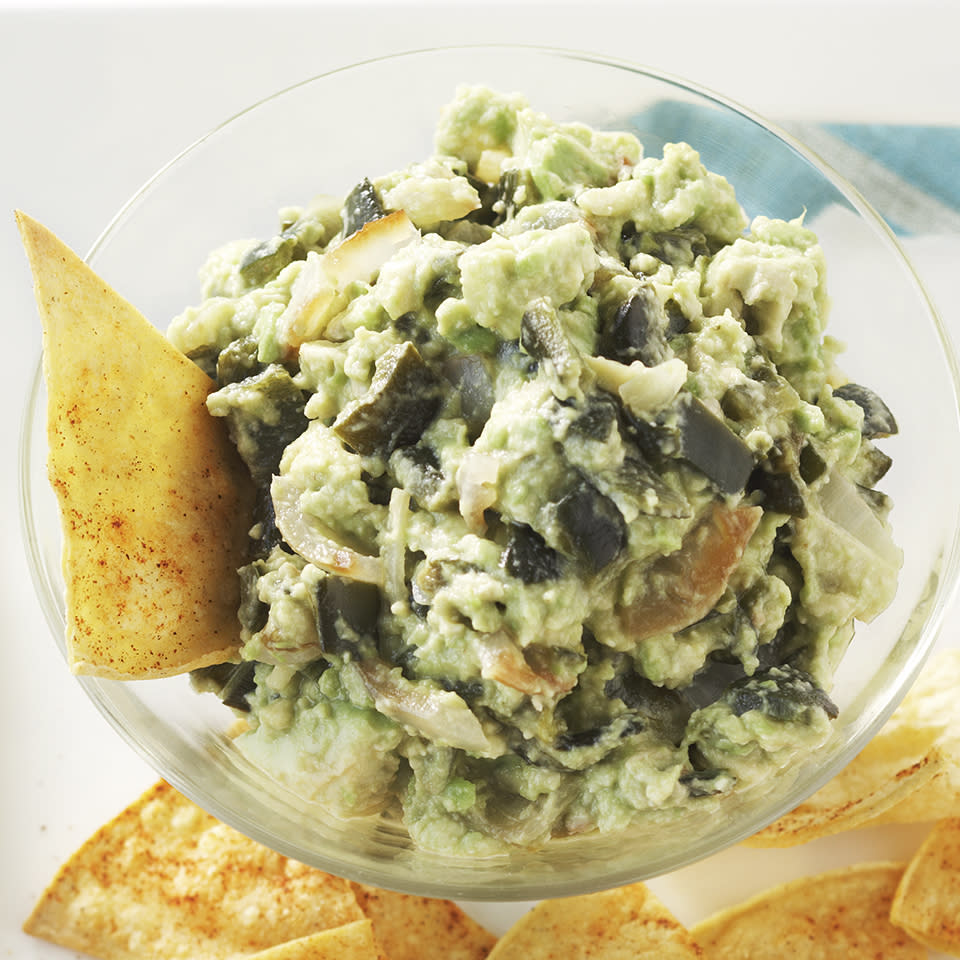 Roasted Poblano Guacamole with Spiced Tortilla Chips