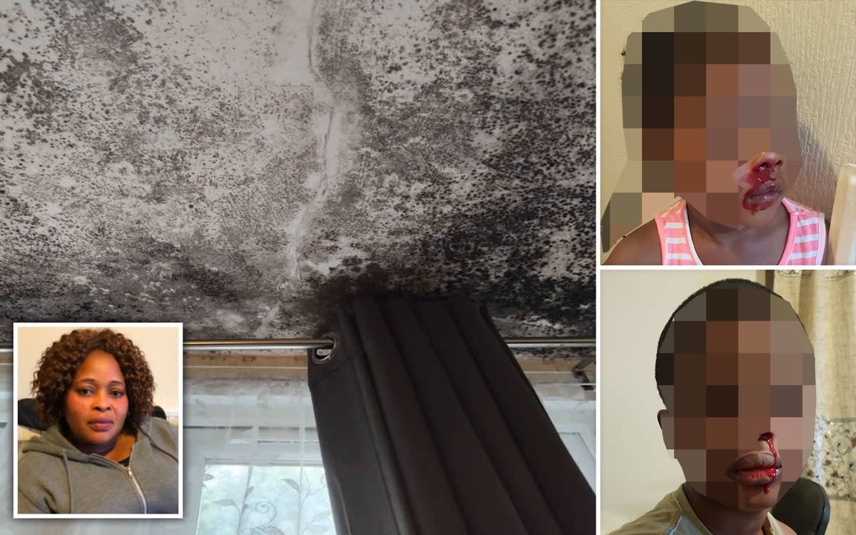 Glory Uhunarabon (bottom left) believes the mouldy conditions have contributed to her childrens’ nosebleeds (ES Composite)