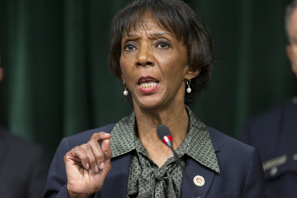 FILE - In this Jan. 6, 2020, file photo, Los Angeles District Attorney Jackie Lacey talks during a news conference in Los Angeles. When the mayor of Los Angeles withdrew his support from Lacey this week and endorsed her opponent George Gascon, it was another blow to a campaign that has been reshaped after a summer of nationwide protests over police brutality. Lacey, the two-term incumbent who is the first woman and Black person to run the nation's largest prosecutor's office, finds herself in the political fight of her life. (AP Photo/Damian Dovarganes, File)