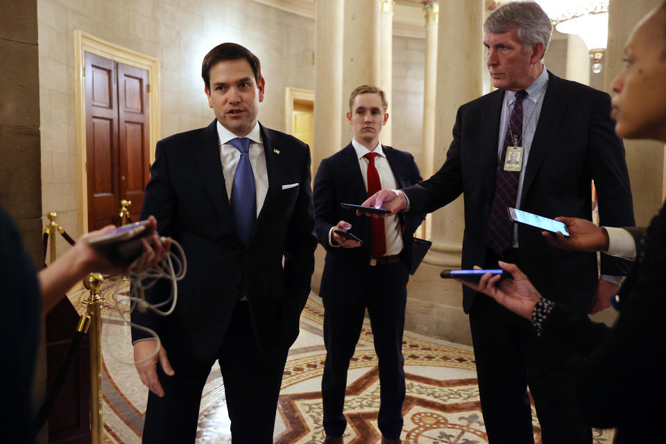 WASHINGTON, DC - MARCH 24:  Sen. Marco Rubio (R-FL) talks to reporters after leaving a meeting with fellow Republican senators and Treasury Secretary Steven Mnuchin as negotiations continue on a $2 trillion economic stimulus in response to the coronavirus pandemic March 24, 2020 in Washington, DC. After days of tense negotiations -- and Democrats twice blocking the nearly $2 trillion package -- the Senate and Treasury Department appear to have reached important compromises on legislation to shore up the economy during the COVID-19 pandemic. (Photo by Chip Somodevilla/Getty Images)