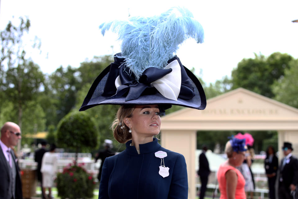 Edite Ligere wearing a Sarah Marshall Milliner for John Boyd Hats on day one of Royal Ascot 2018
