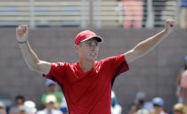 Alex de Minaur, of Australia, reacts after defeating Kei Nishikori, of Japan, during round three of the US Open tennis championships Friday, Aug. 30, 2019, in New York. (AP Photo/Eduardo Munoz Alvarez)