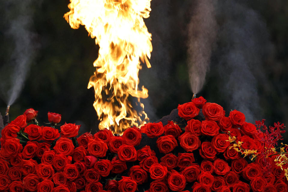 A flame shoots out above a rose volcano on the Dole Dreaming of Paradise float, winner of the Sweepstakes trophy for the most beautiful entry in the 124th Rose Parade, in Pasadena, Calif., Tuesday, Jan. 1, 2013. (AP Photo/Patrick T. Fallon)