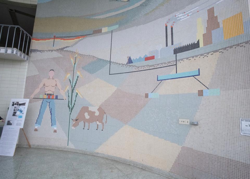 An original tile mural in the Sugar Creek Water Treatment Plant foyer will be preserved during major renovations.