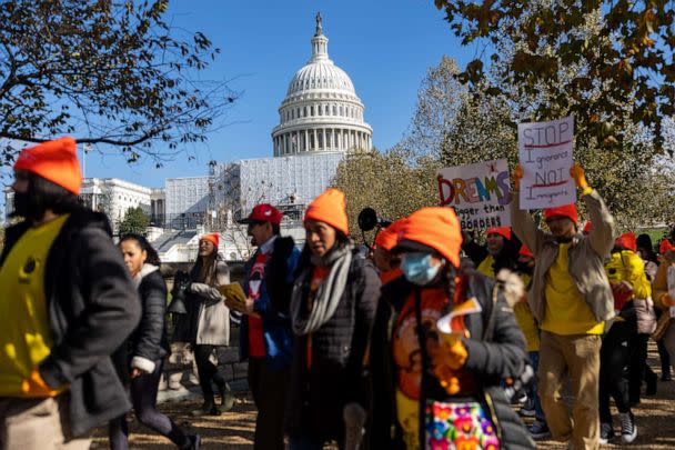 PHOTO: Pro-DACA protestors hold a march outside of the Capitol Building calling for a pathway to citizenship, Nov. 17, 2022, in Washington, D.C. (Anadolu Agency via Getty Images)