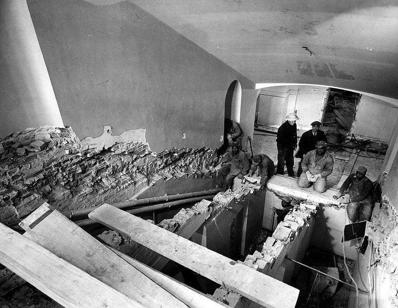 View from the first floor landing to the basement during the removal of the Joliet stone steps from the main stairway of the White House. <a href="http://www.flickr.com/photos/usnationalarchives/page3/" rel="nofollow noopener" target="_blank" data-ylk="slk:(Photo courtesy of the National Archives);elm:context_link;itc:0;sec:content-canvas" class="link ">(Photo courtesy of the National Archives)</a>