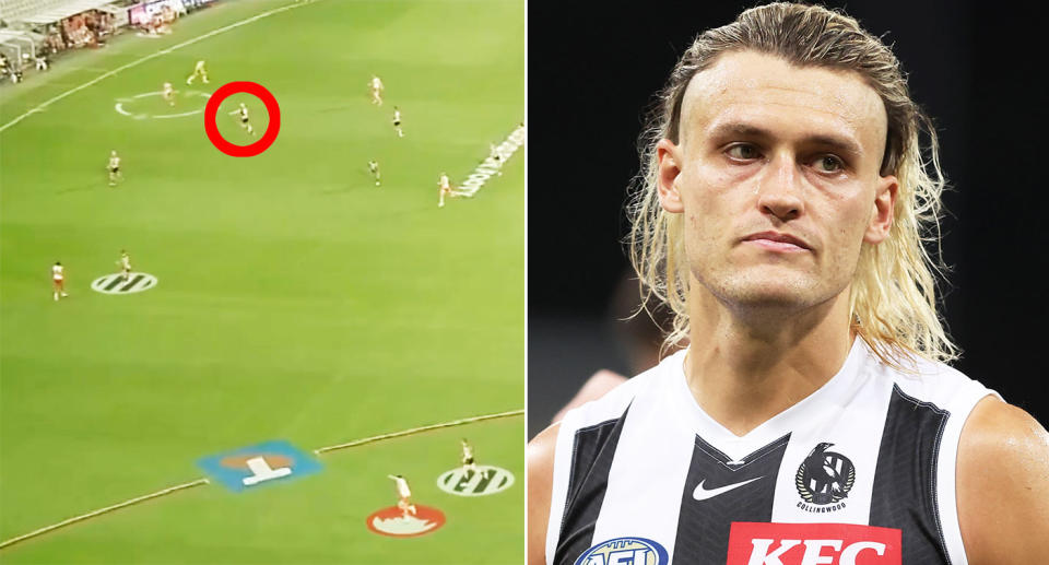 Collingwood captain Darcy Moore's defending against the Swans was called out by AFL great David King. Pic: Fox Footy/Getty
